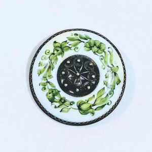 Antique Brooch Porcelain Green Botanical Garland Silver Metalwork